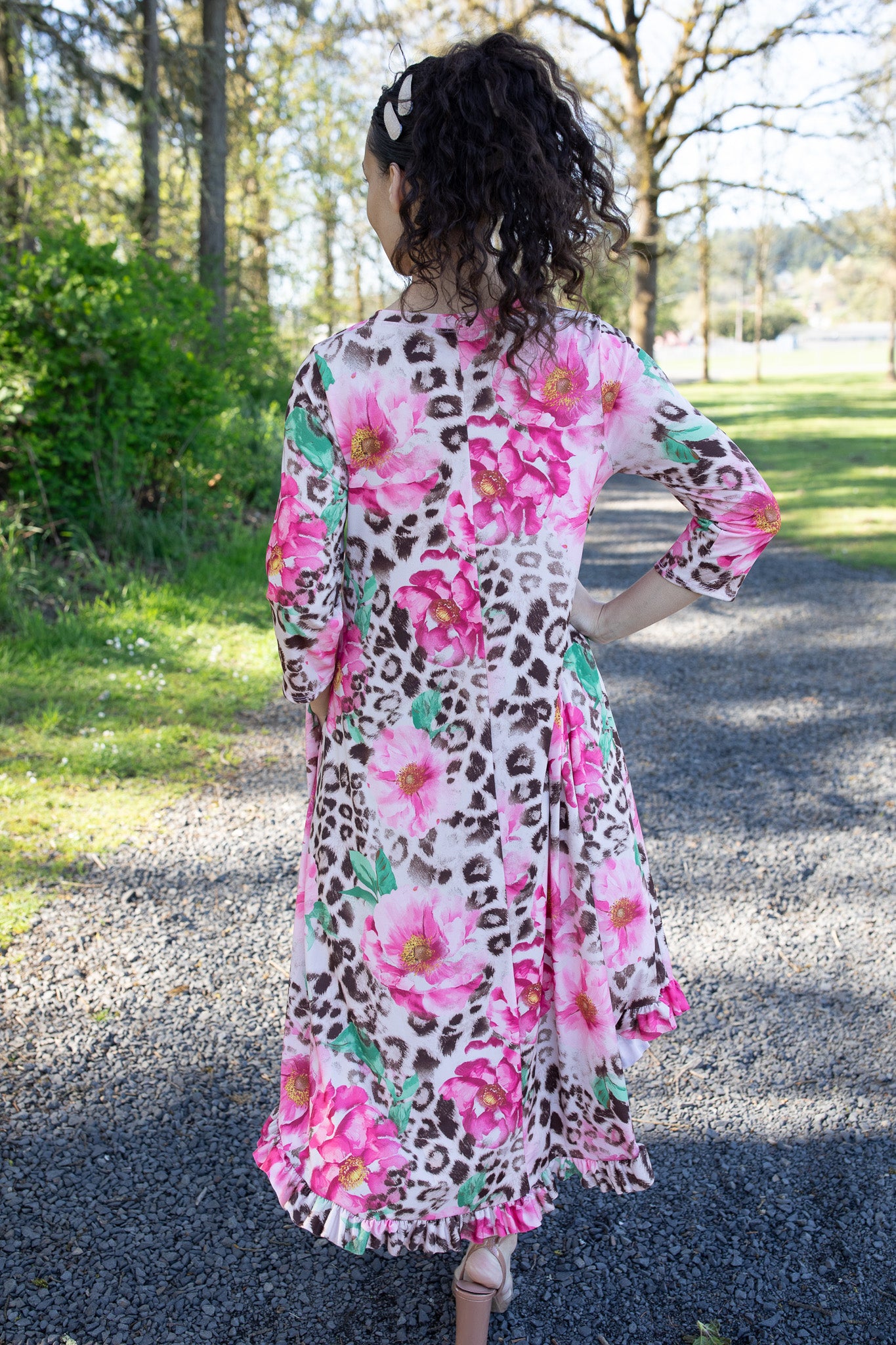pink leopard flowers organic cotton midi dress Pink Leopard Print Midi Dress for Women, Oversized Boho Cotton Maxi Dress, Bold Animal Print Loose Fit Outfit