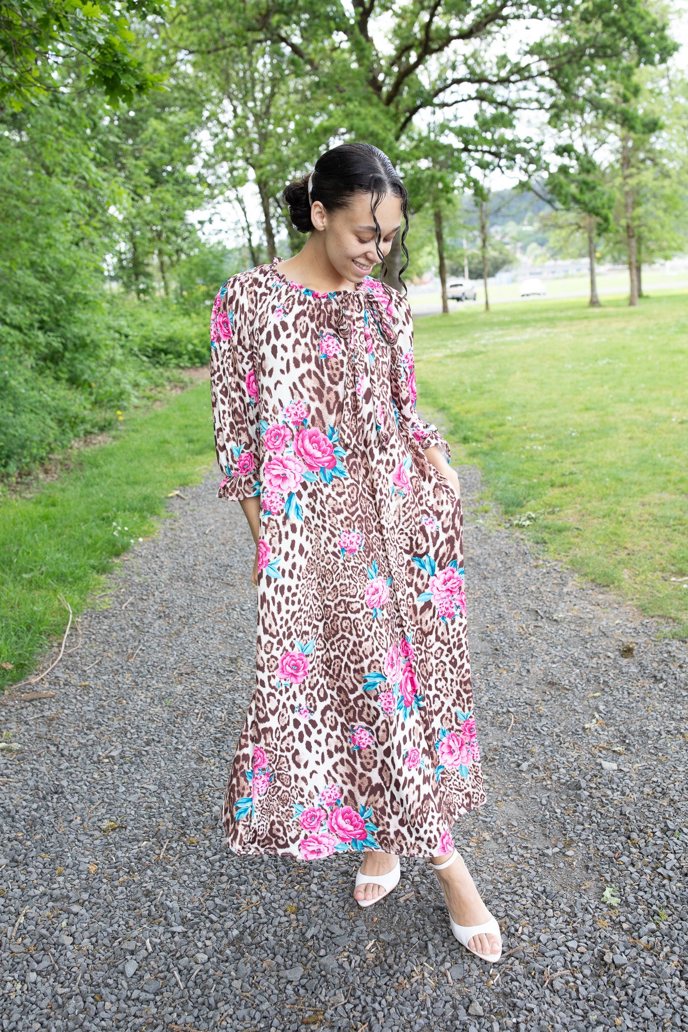 green pink leopard print dress Amber Midi dress